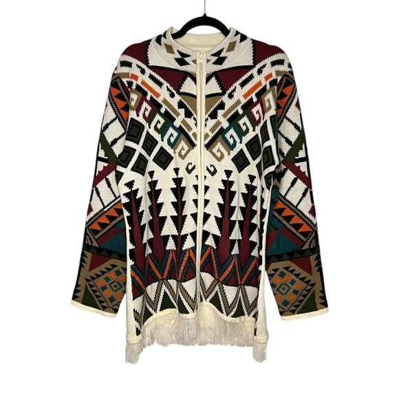 Collections Etc Women’s Large Cardigan Sweater Southwestern Zip Front Fringe Hem - Picture 2 of 7